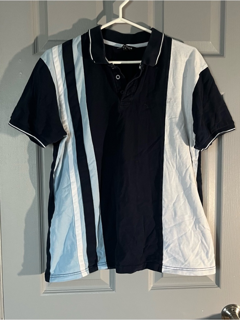 PEACOCKS Men's Striped Polo Shirt - Navy and White Size Large